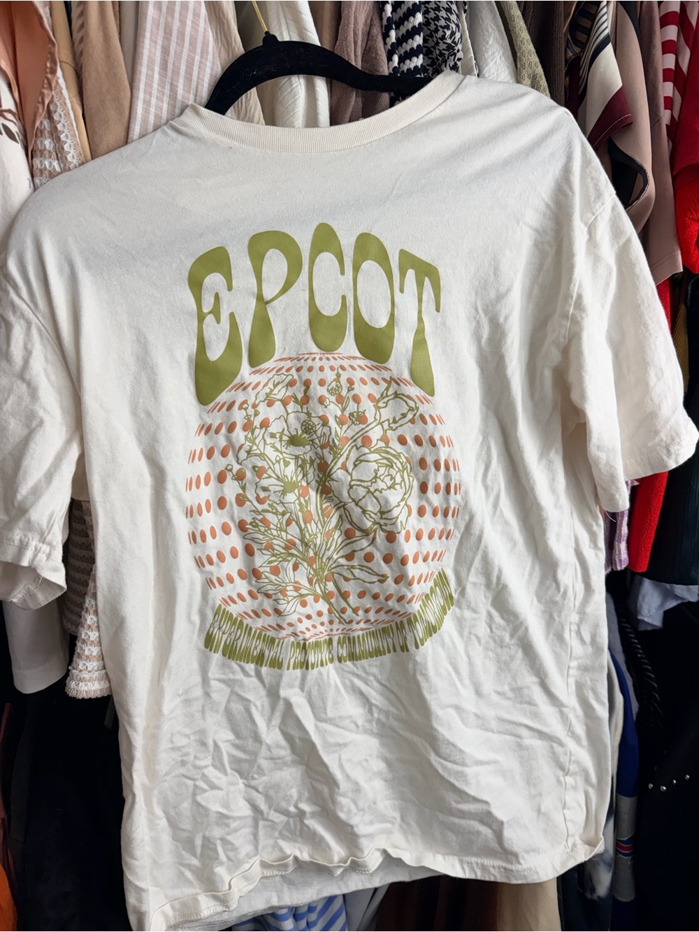 EPCOT Disney White Graphic Tee with Olive and Orange Design